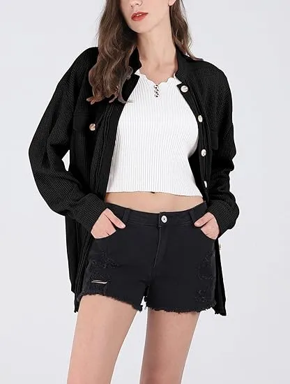 Women's Loose Fit Batwing Sleeve Waffle Knit Button Down Shirt Shacket Tops