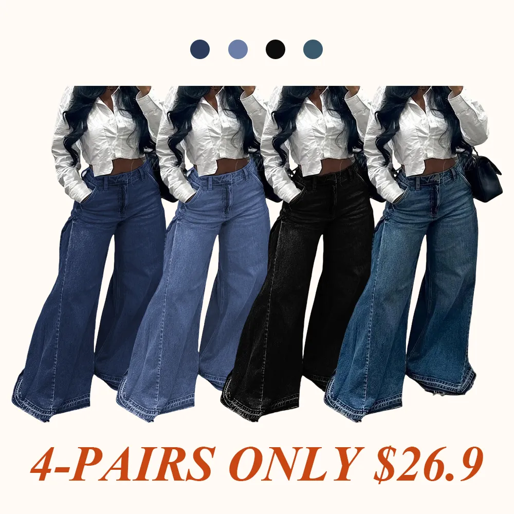 Women Flared Wide Side Loose Jeans High Waist