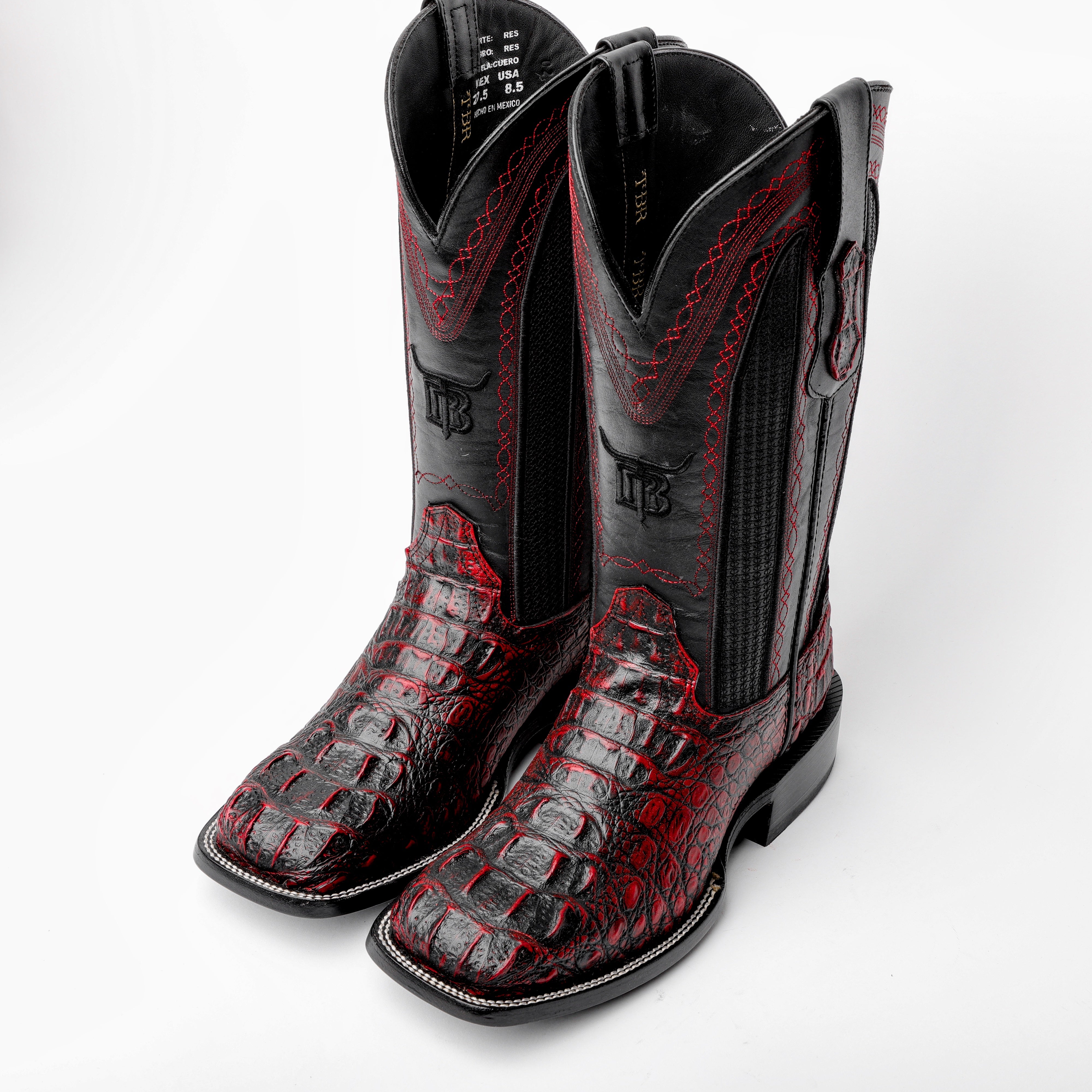 Black Cherry Caiman Neck Leather Boots - Square Toe