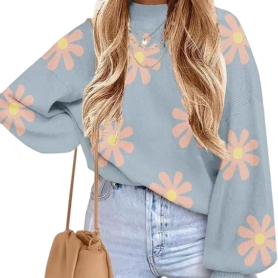 Women's high-neck long-sleeved loose lantern knit sweater