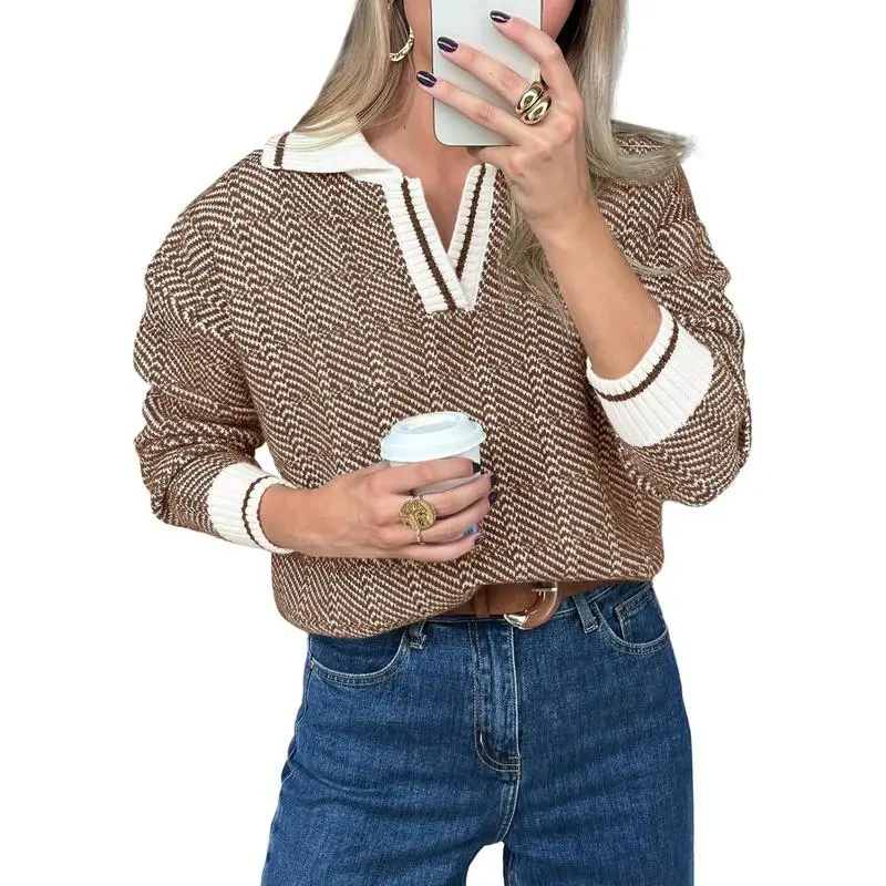 Womens V Neck Knit Sweater Color Block Long Sleeve