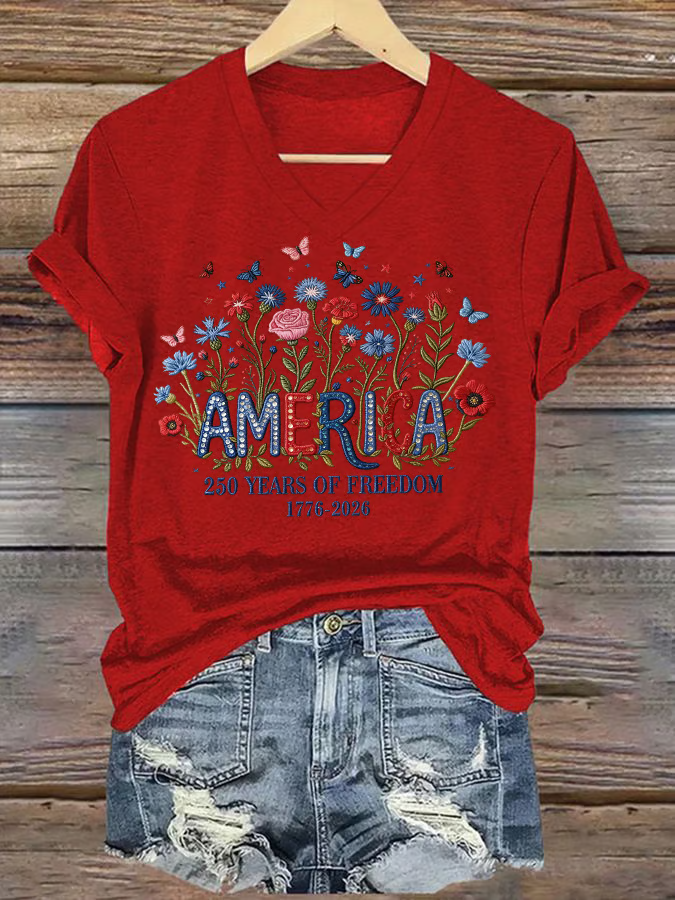 Women's casual retro American 250th Print T-shirt