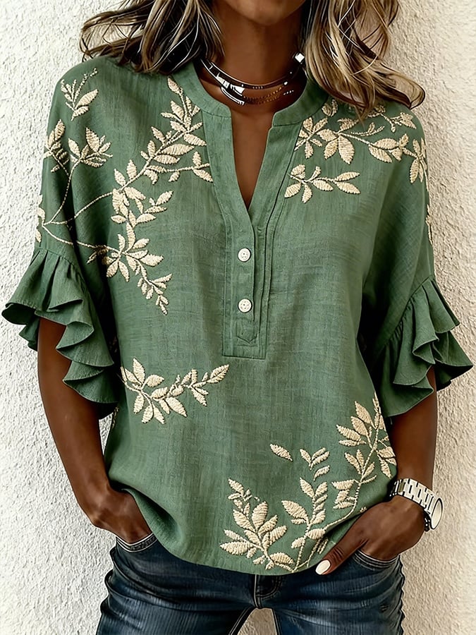 Women's Casual V-Neck Printed Cotton-Linen Top