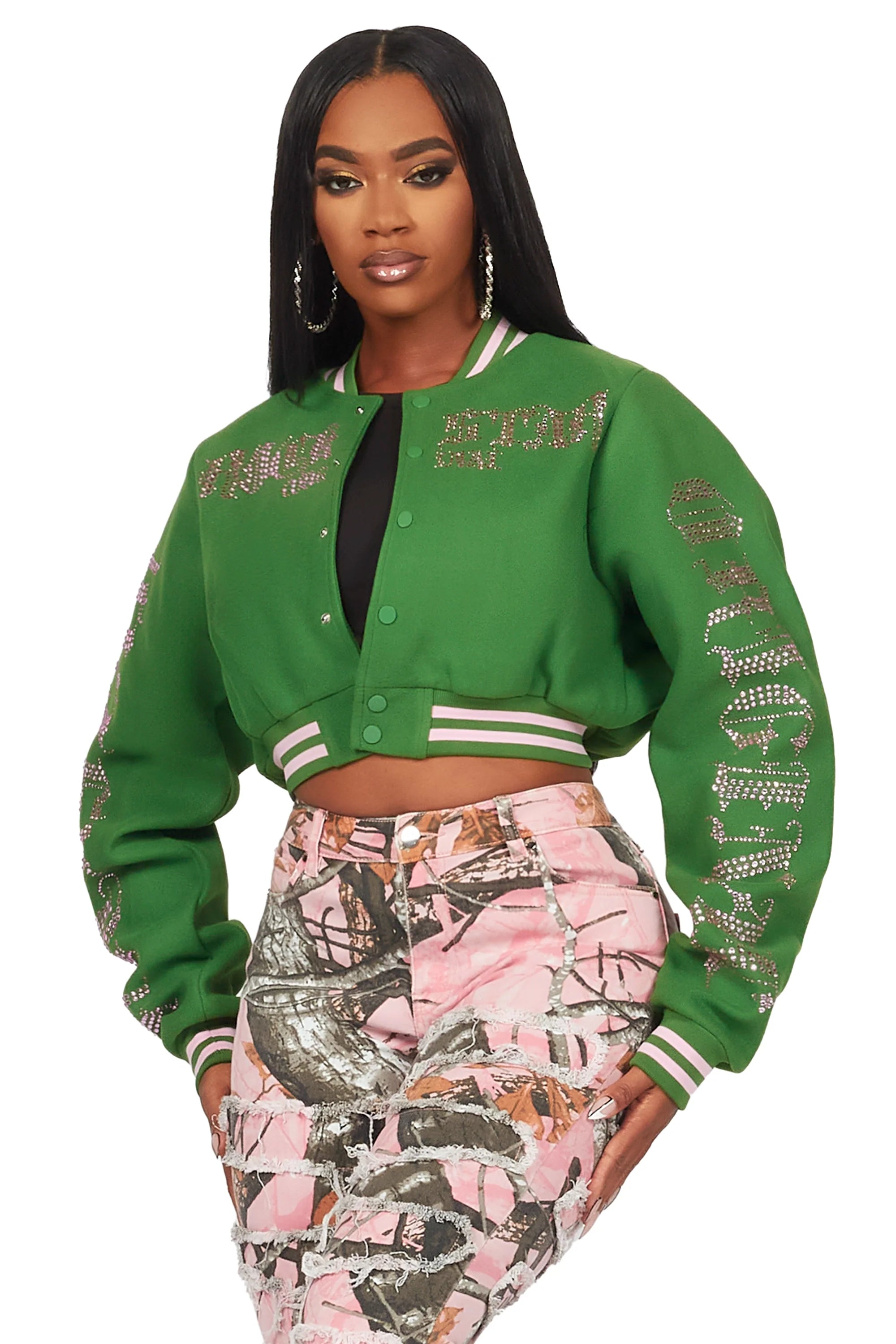 Gianni Green Crop Rhinestone Varsity Jacket