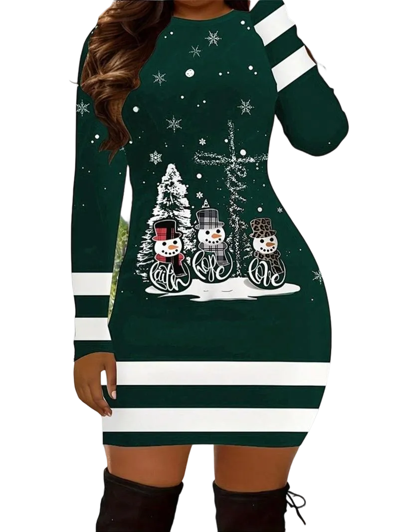 Women's Casual Christmas Print Striped Slim Fit Dress