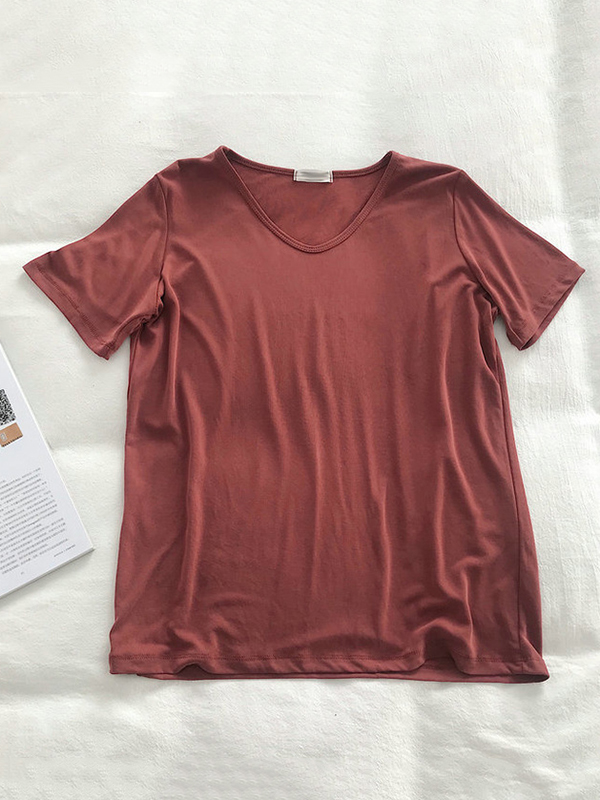 Solid Color Loose Short Sleeves U-Neck T-Shirts Tops