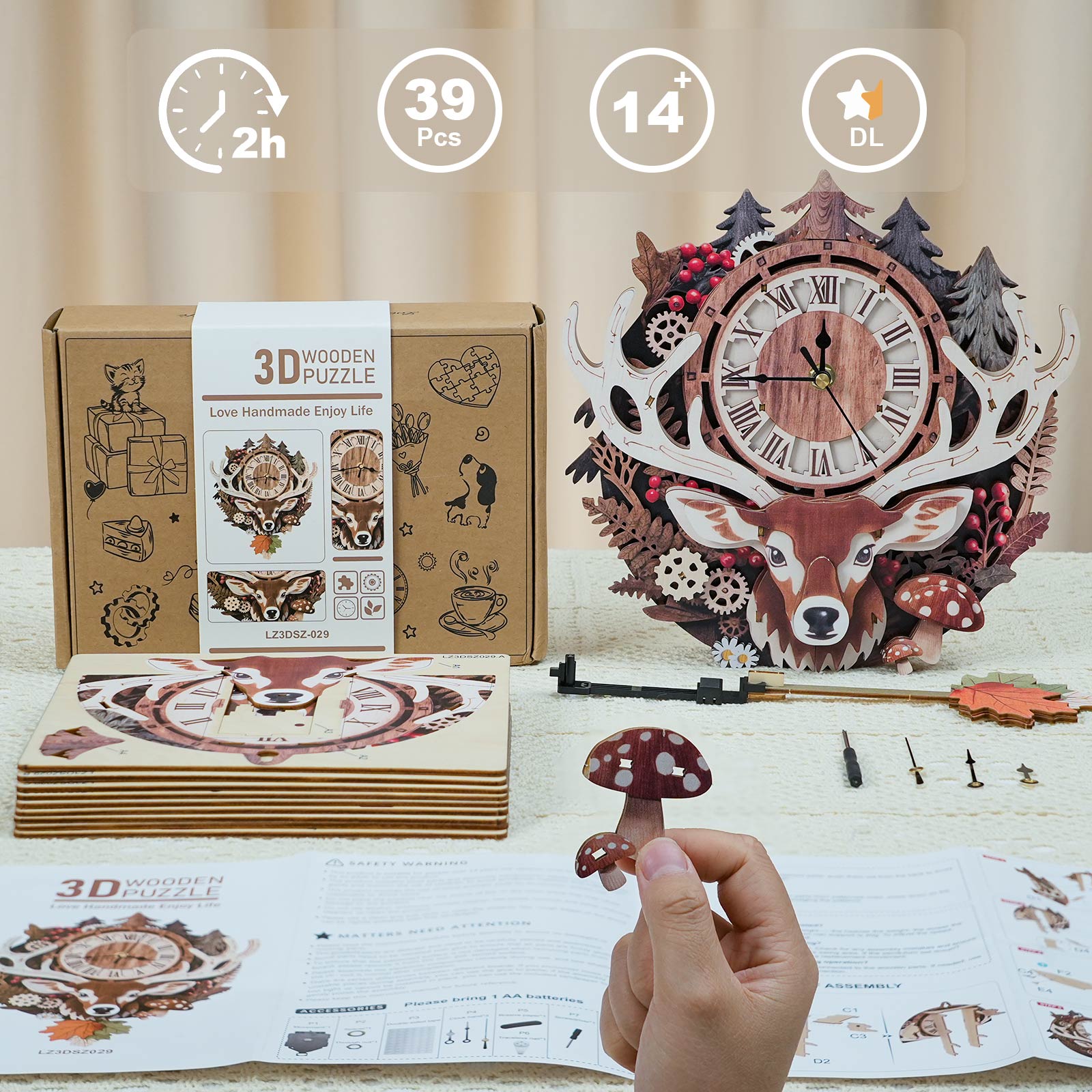 Reindeer– DIY Wooden Clock, 3D Puzzle Craft Kit