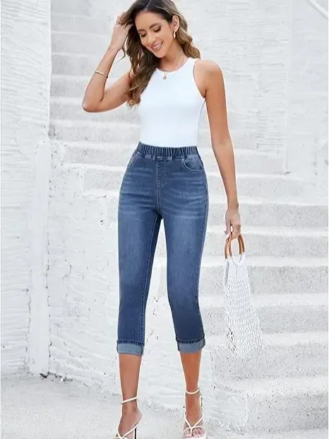 Women High Waisted Skinny Capri Pants Trendy Stretch Denim Cropped Jeans