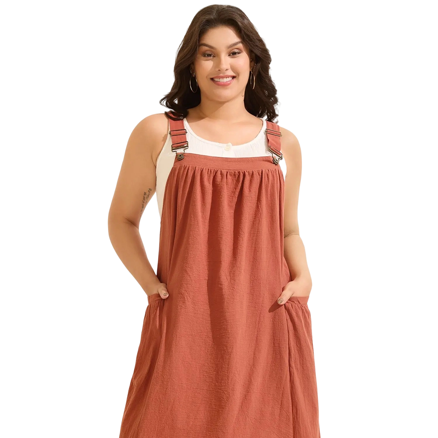 【Summer Turn-Up】【Pocket Approved】 Rust Pure Cotton Pleated Pockets Midi Dress