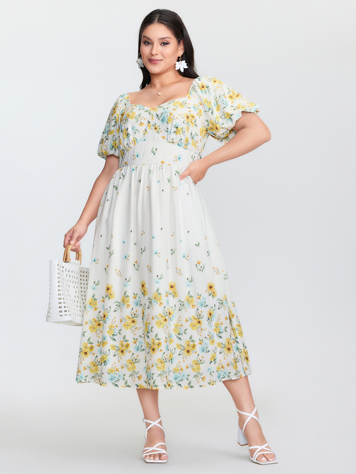 Floral Print Shirred Bodice Triangular Waist Midi Dress