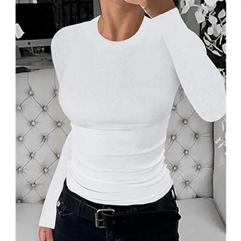 Women Long Sleeve Stretch Slim Round Neck Ribbed Basic Top