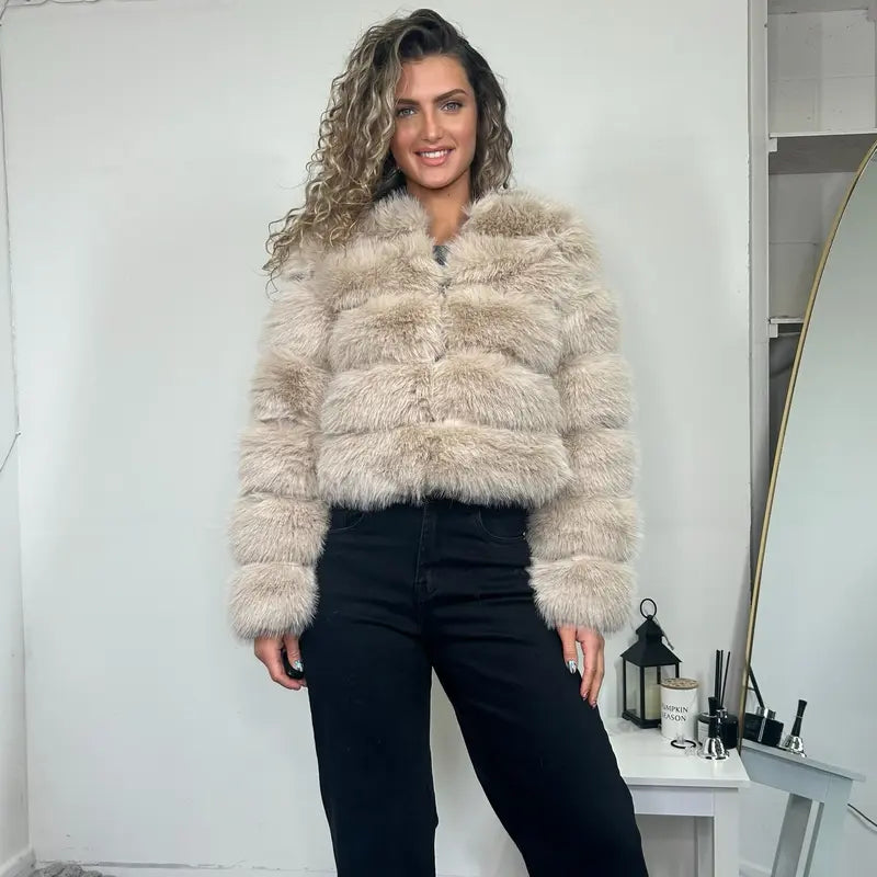 Faux Fur Cropped Collarless -Tiered Panel Winter Fluffy Soft Bubble Chunky Thick Coat Jacket Comfort Womenswear