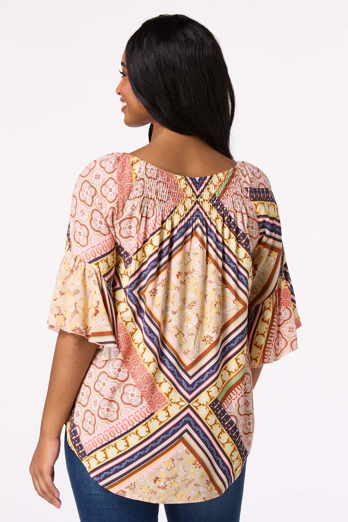 Smocked Neck Patchwork Poet Top