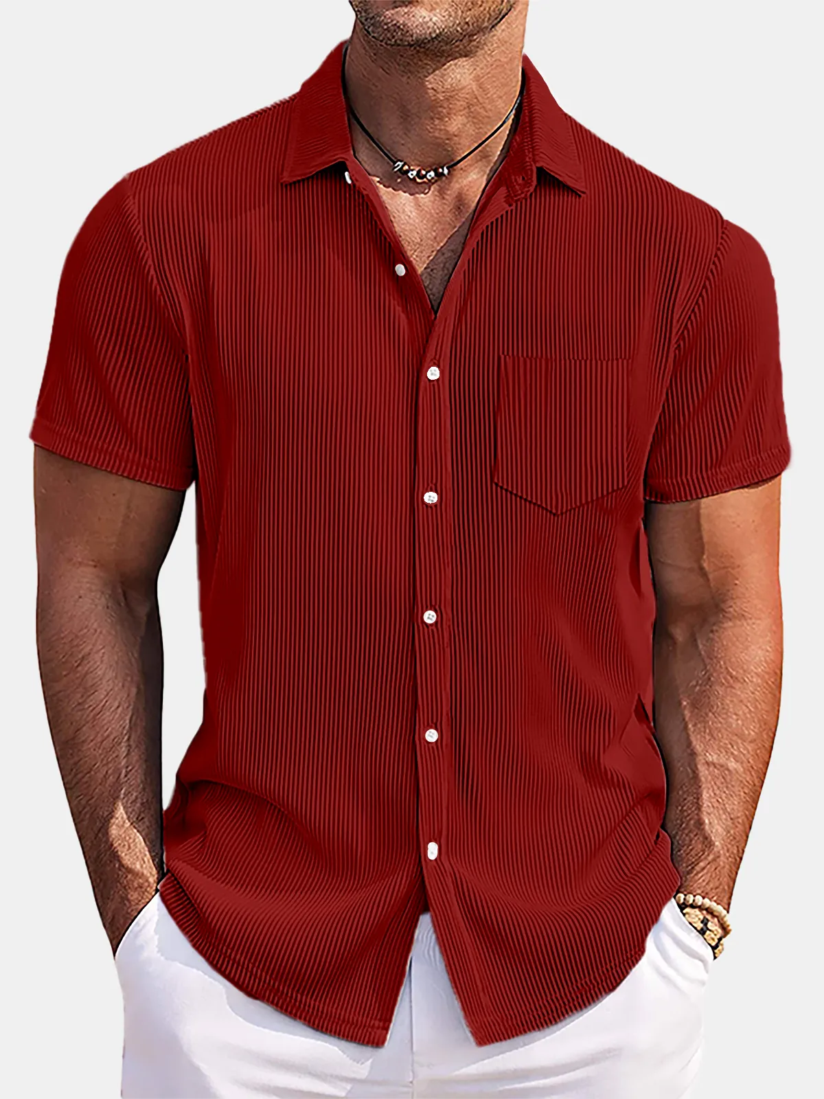 Men's Solid Color Loose And Comfortable Vertical Striped Short-sleeved Shirt