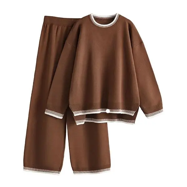 Chic Crew Neck Sweater & High Waist Loose Pants Casual Outfit
