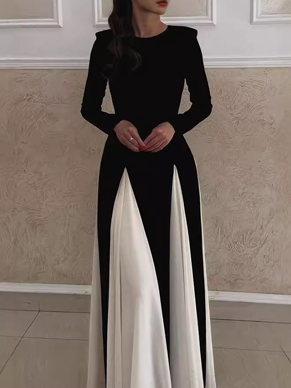 Contrast Color Elasticity Pleated Split-Joint A-Line Long Sleeves Round-Neck Maxi Dresses Evening Dresses