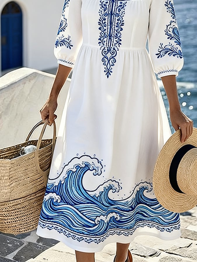 Women'S Casual Square Neck Printed Resort Dress- Fast Shipping