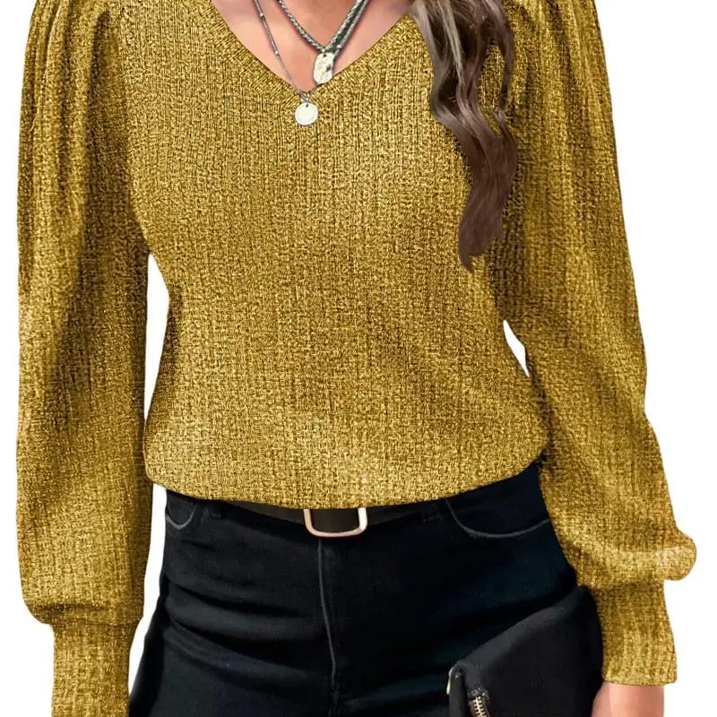 Women's Knit Shirt Soft Puff Long Sleeve Blouse Tops