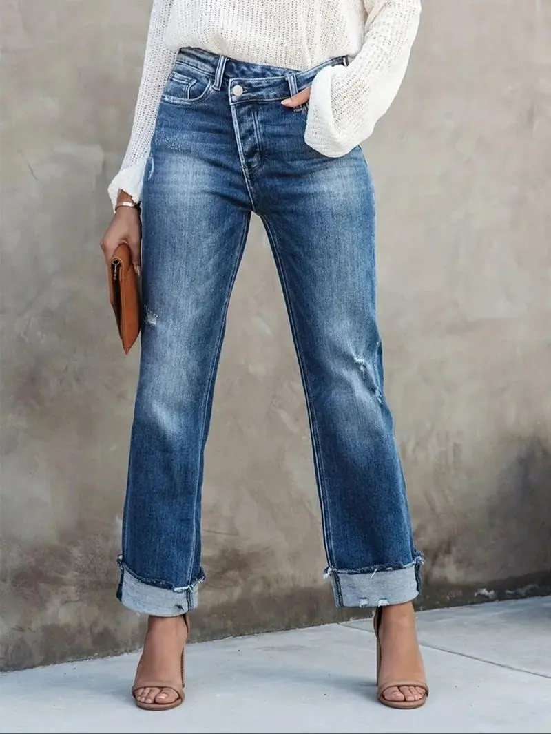 Women's Solid Color Jeans, Casual Comfy Denim Pants for Daily Wear, Ladies Bottoms for All Seasons