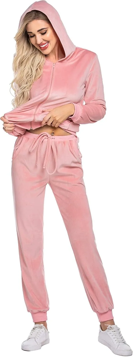 Women's Casual Velour Tracksuit Set Full Zipper Hoodie