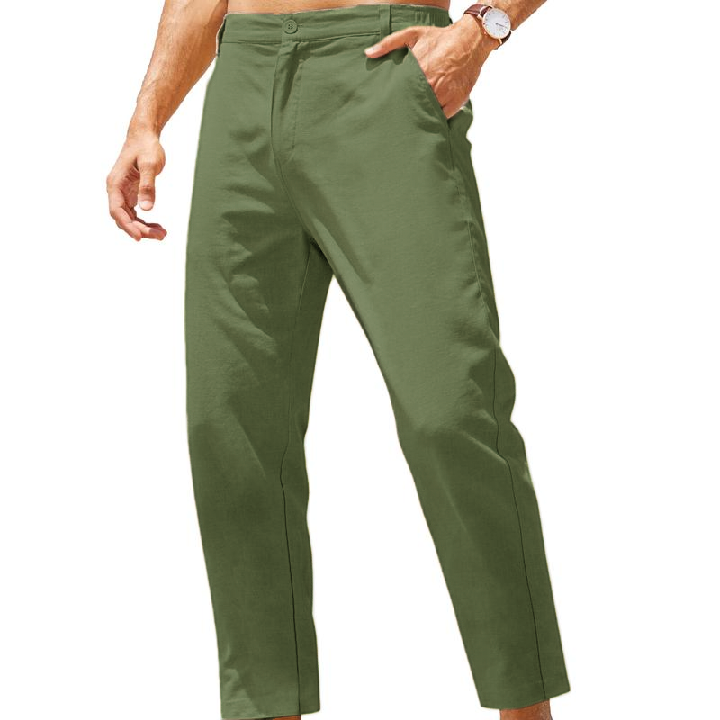 Men’s Lightweight Cotton Linen Elastic Waist Pants (Slim Fit with Pockets)