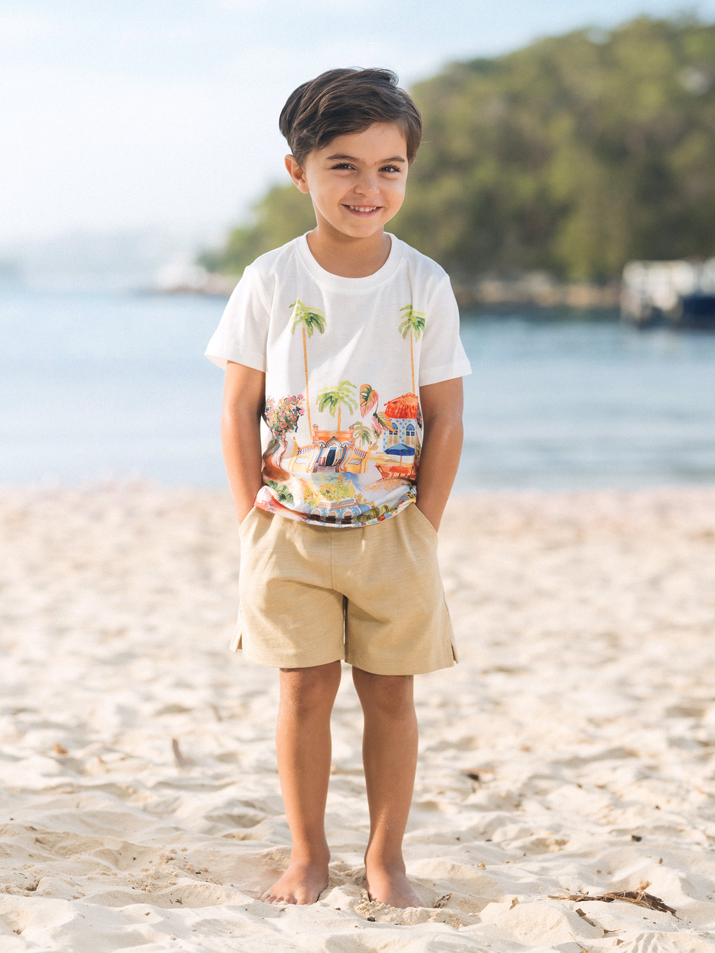 Family Matching Vacation Set Tropical Pineapple Coconut Tree Print Short-sleeve T-shirt or Hollow out Strap Dress for Summer Vacation  White