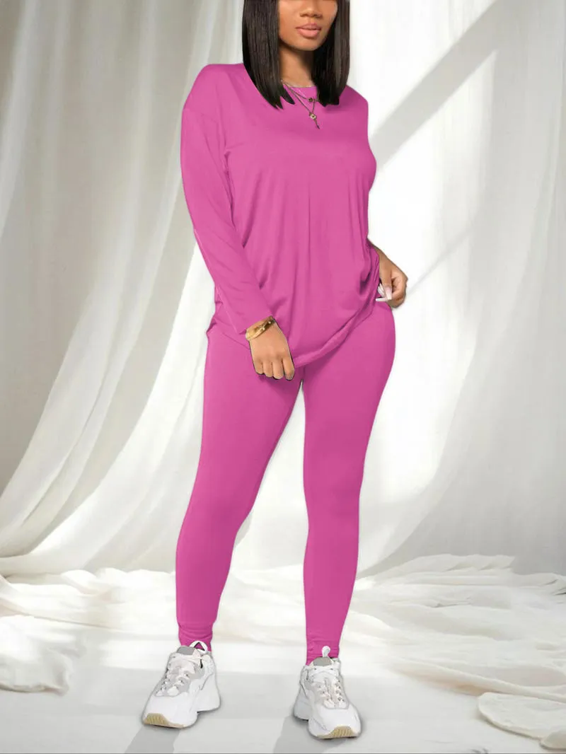 Women's Solid Drop Shoulder Tee & Elastic Waist Skinny Pants Two-piece Set