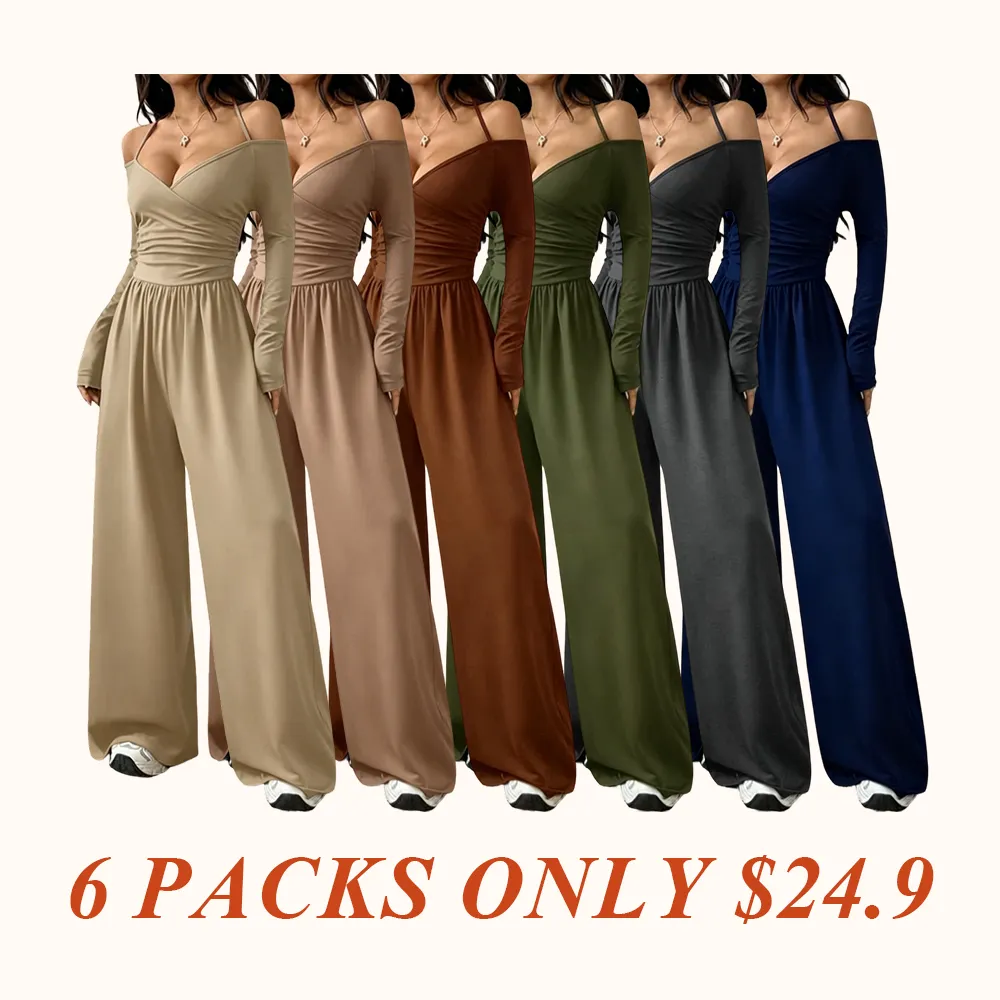 Women's Casual Solid Color Ruched Wide Leg Jumpsuit with Halter-Neck, Stylish and Comfortable Jumpsuit for Daily Wear