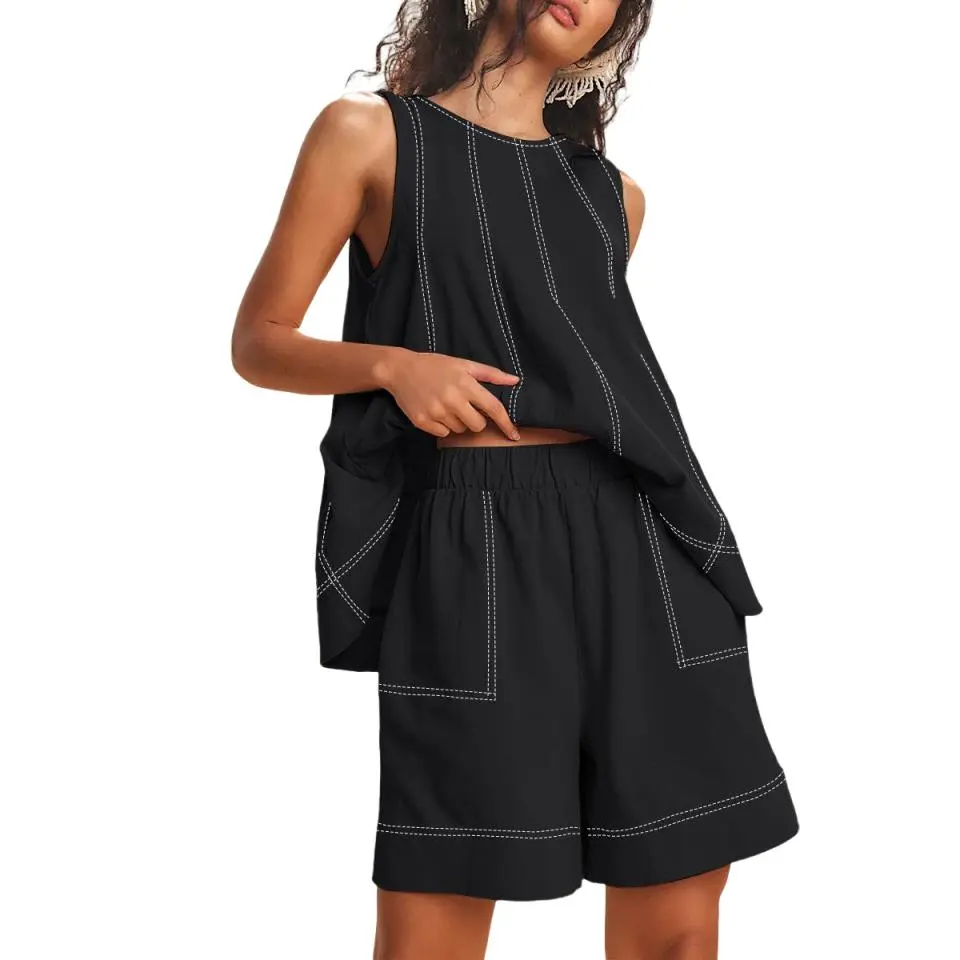 Womens 2 Piece Outfits Sleeveless Matching Sets A Line Tank Tops Contrast Stitching High Waist Shorts with Pockets