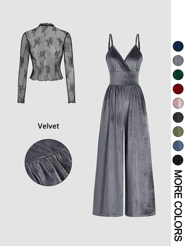 Women's Solid Color Lace Tee & Pocket Jumpsuit Two-piece Set