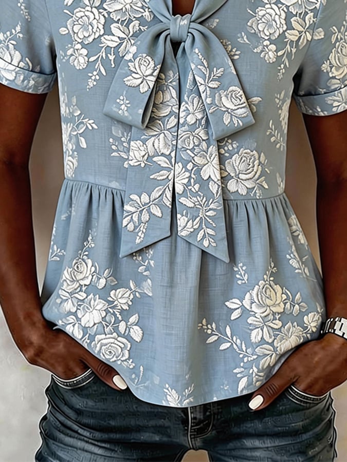 Women's Casual V-neck Printed Short-sleeved Top- Fast Shipping