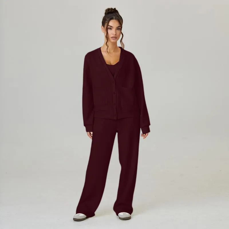 Women's Slouchy Solid Color V Neck Long Sleeve Button Cardigan & Drawstring Waist Trousers Co-ord