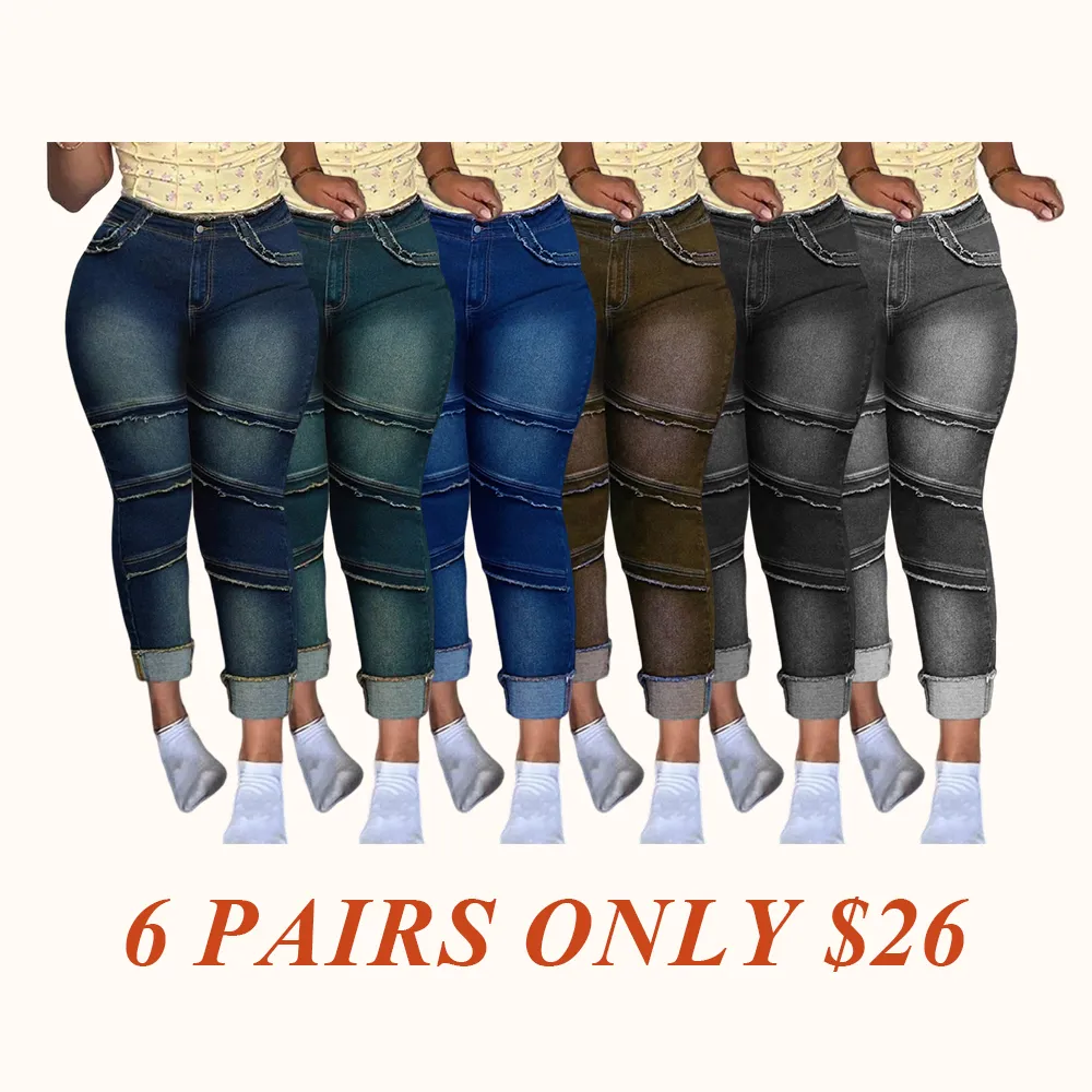 Raw Hem Pocket High Waisted Denim Jeans, Casual Comfy Slim-fitting Trousers for Daily Wear