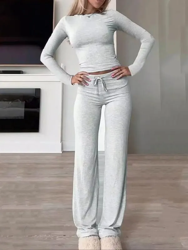 Two-Piece Set Women's Solid Color Long Sleeve Crop Tee & High-Waisted Drawstring Pants Set