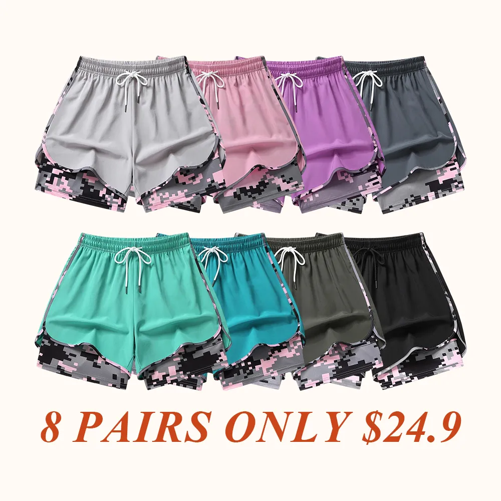 Women’s casual athletic shorts with built-in liner, drawstring, elastic waistband—suitable for outdoor sports, fitness