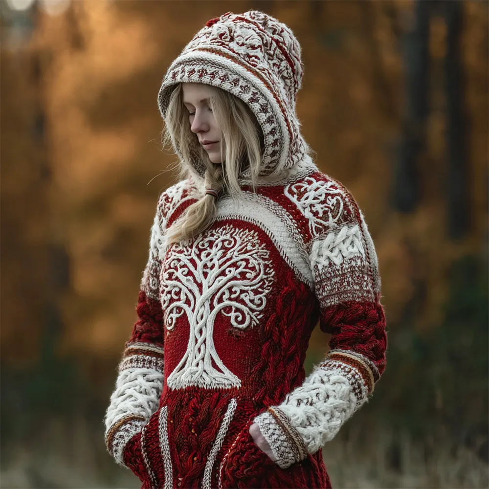 Christmas Viking Tree Of Life Women's Knit Hooded Sweater