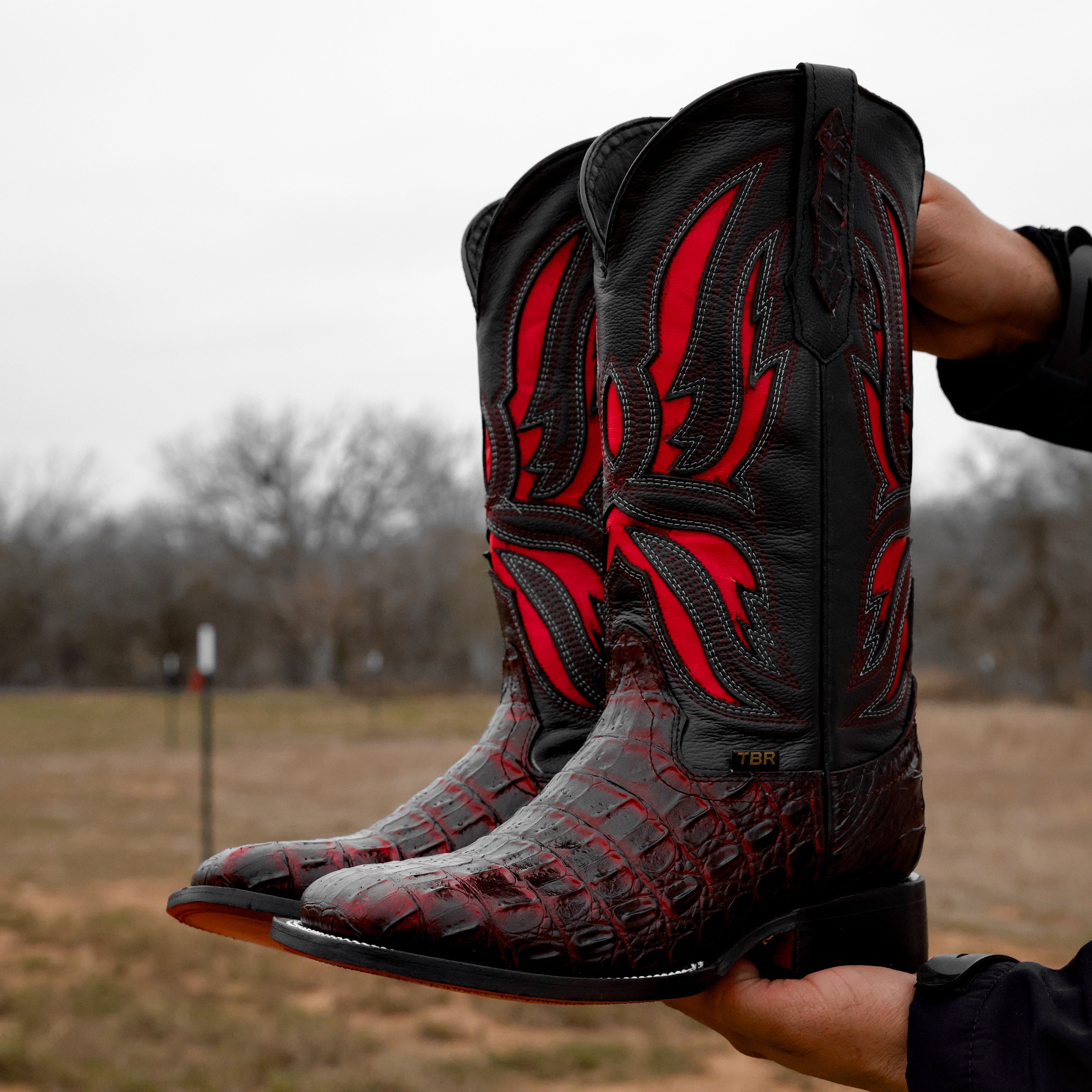 Black Cherry Caiman Hornback Leather Boots - Square Toe