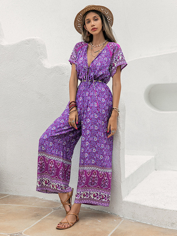 Bohemia Half Sleeves Loose Floral Printed V-Neck Jumpsuit