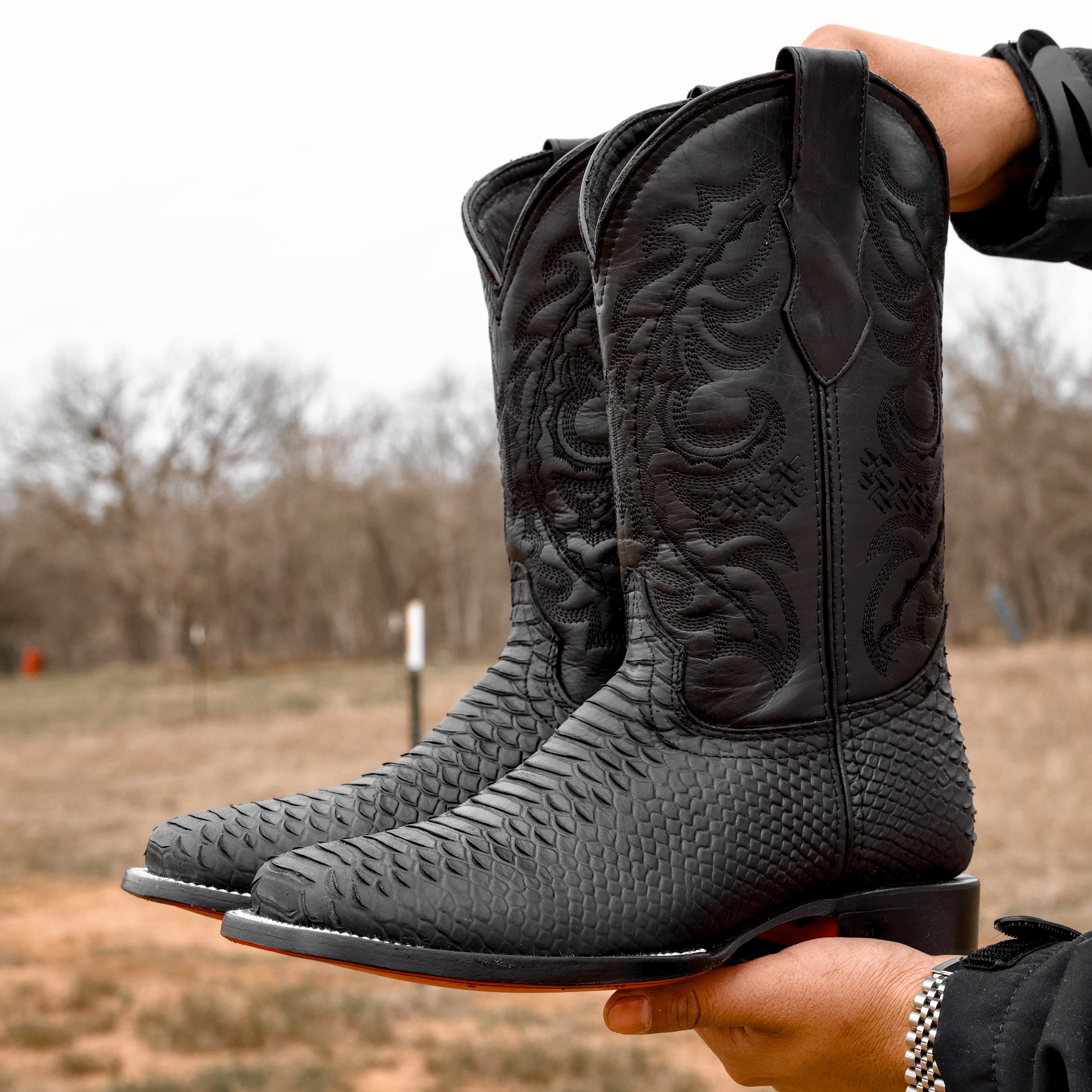 Matte Black Python Leather Boots - Square Toe