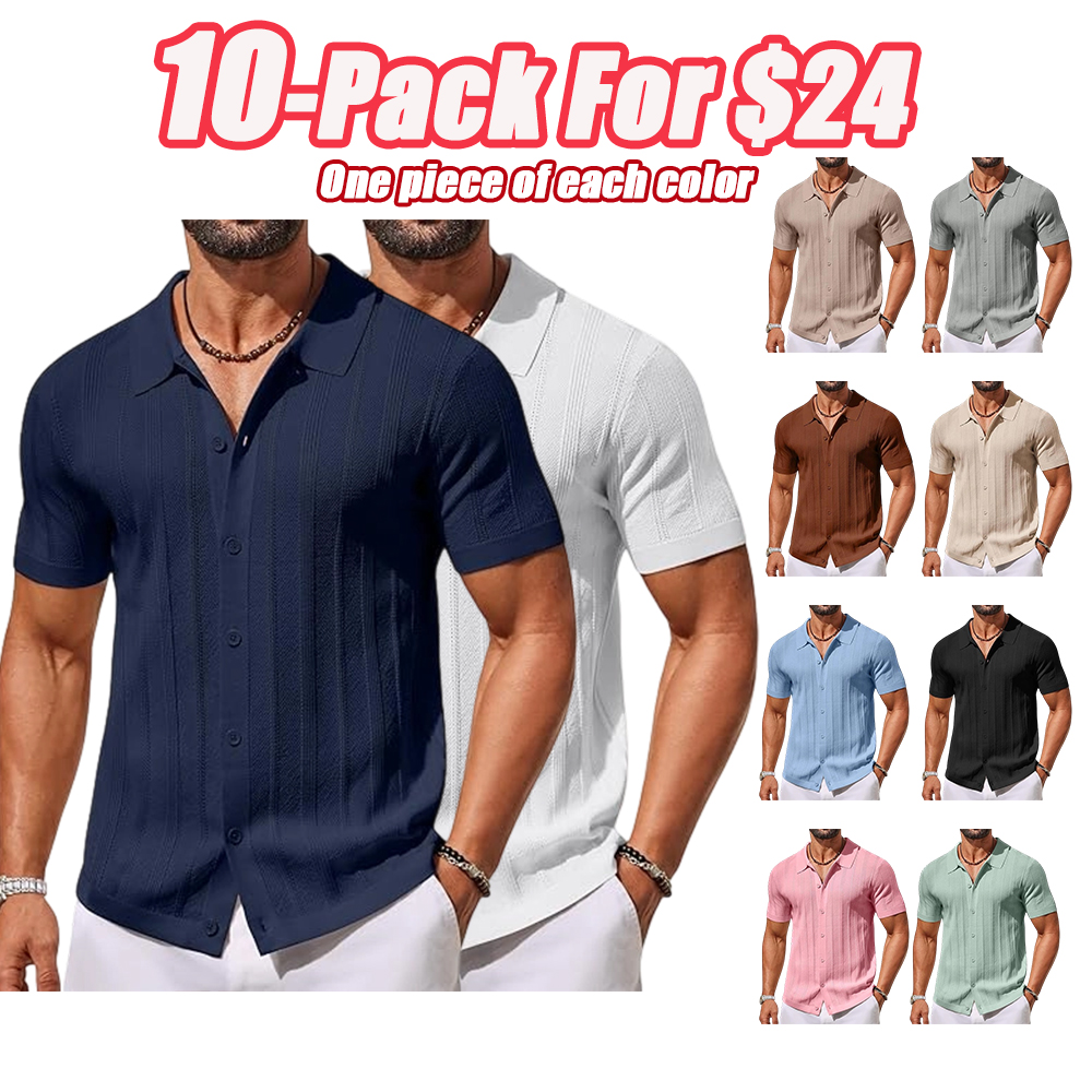 Men's Knit Button Down Shirts Short Sleeve Polo Shirt Casual Vacation Summer Beach Shirts