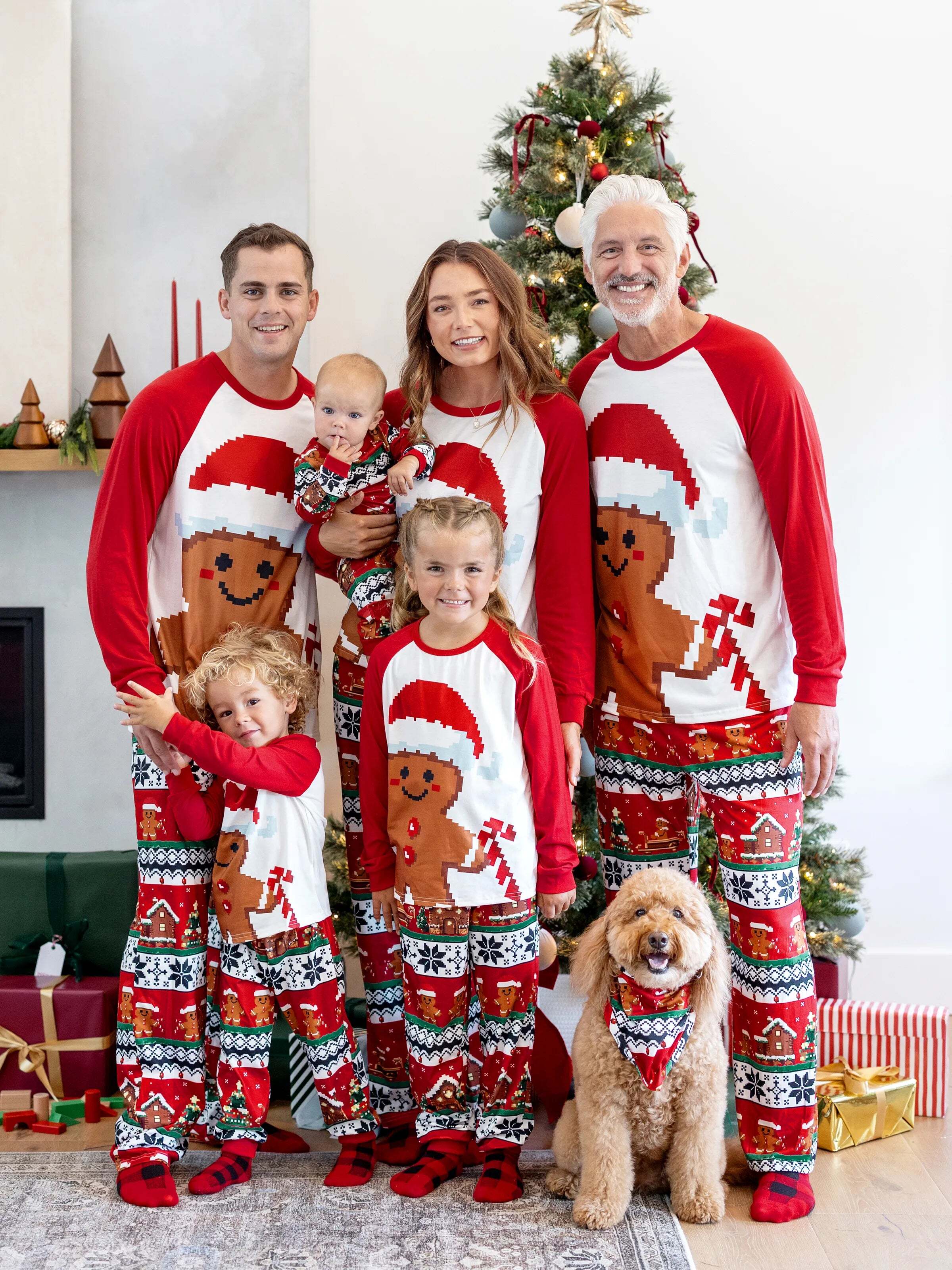 Christmas Matching Family Pajamas Set Gingerbread Print Long-sleeve PJS with Christmas Socks Red
