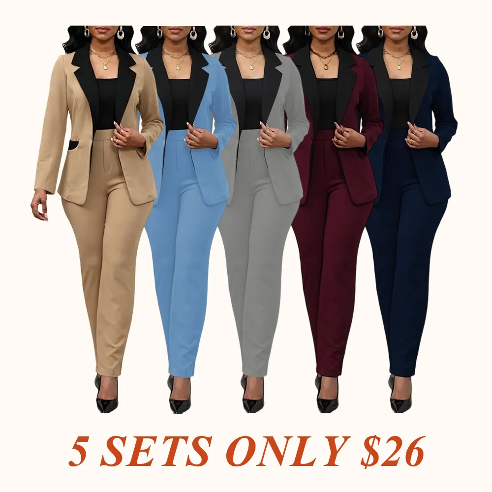Women's Colorblock Blazer & Straight Leg Pants Set, Elegant Two-piece Set for Work Office Business, Ladies' Suits for All Seasons