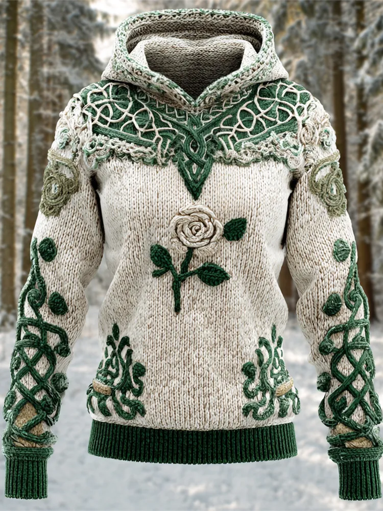 Rose Knit Art Women's Hooded Irish Sweater
