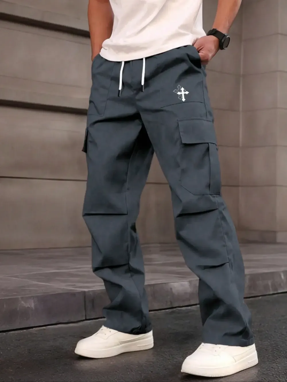 Men's Casual Work Pants, Unique Print, Multiple Pockets, Accordion Design at Knees, Adjustable Drawstring Waist, Outdoor Hiking