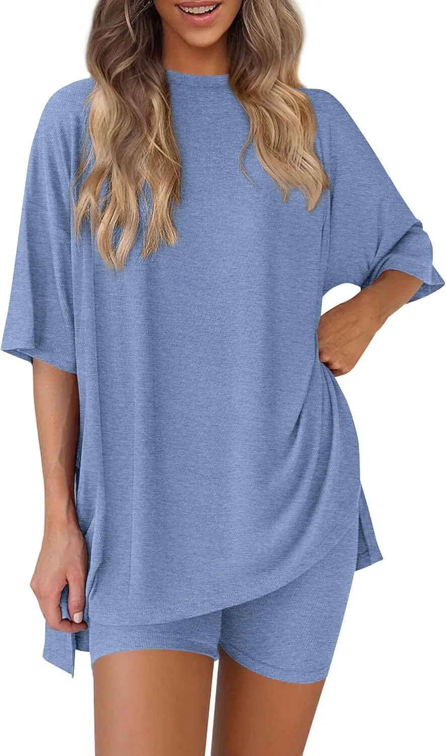 Special Sale❤️Women's Two Piece Lounge Set 2026 Summer Casual Oversized Shirts  Biker Shorts Matching Airport Travel Outfit