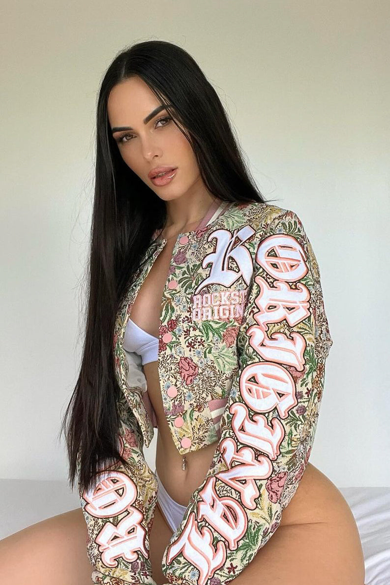 Tamia Beige Crop Tapestry Varsity Jacket