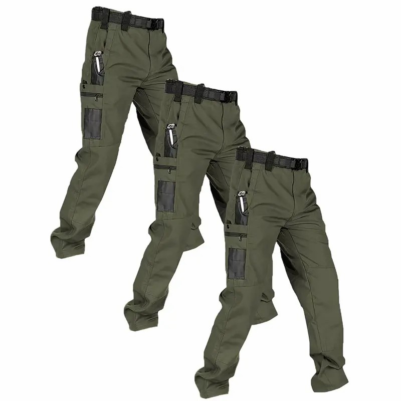 Men's Solid Color Waterproof Tactical Work Pants - 3-Piece Set, Belt-Free, Multi-Pocket, Durable Outdoor Hiking & Casual Pants (Regular Fit)