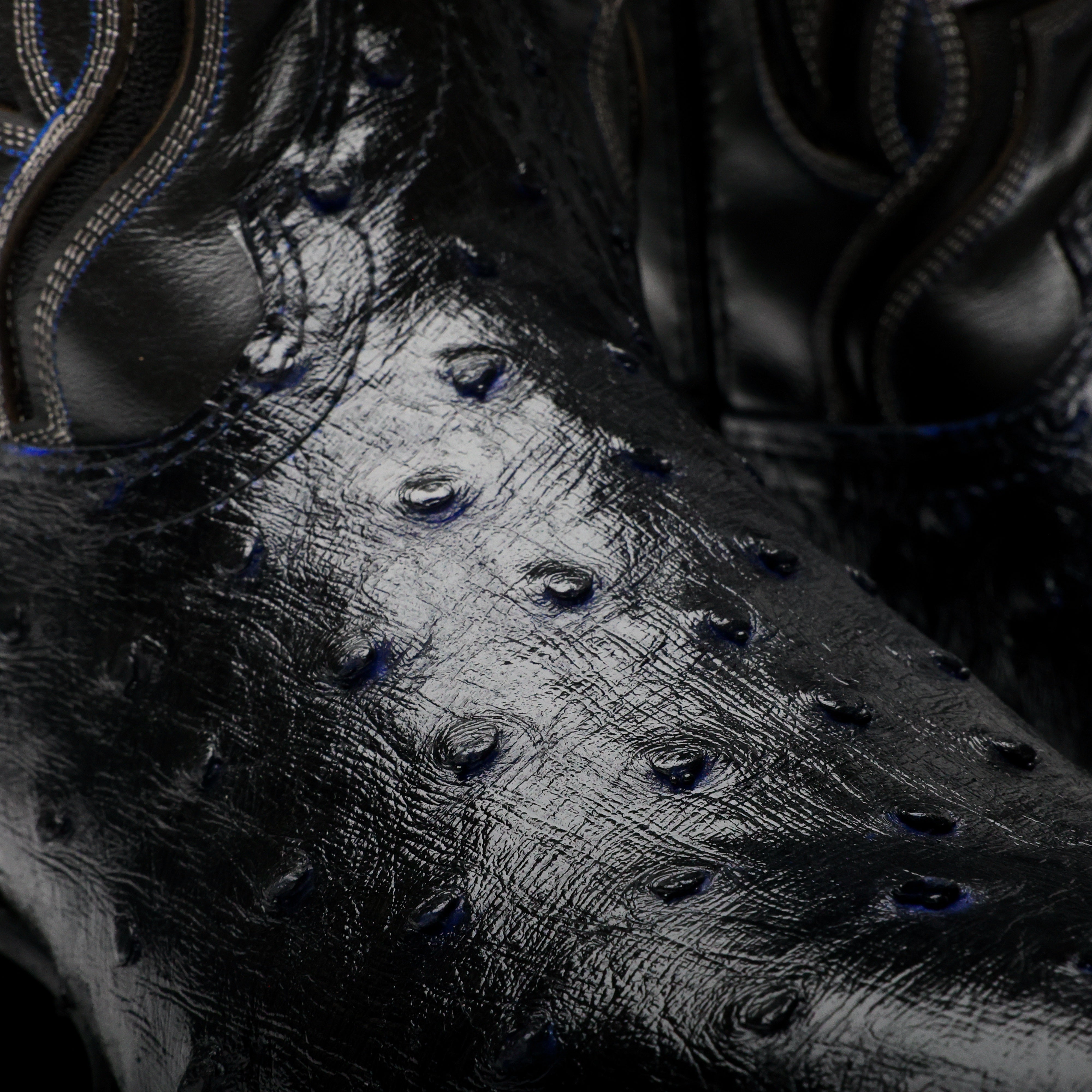 Black/Blue Ostrich Leather Boots - Square Toe