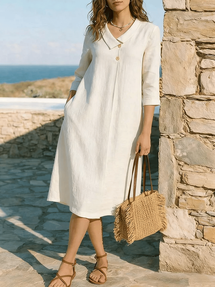 Women's Solid Color V-neck 3/4 Sleeve Casual Loose Cotton Linen Dress- Fast Shipping
