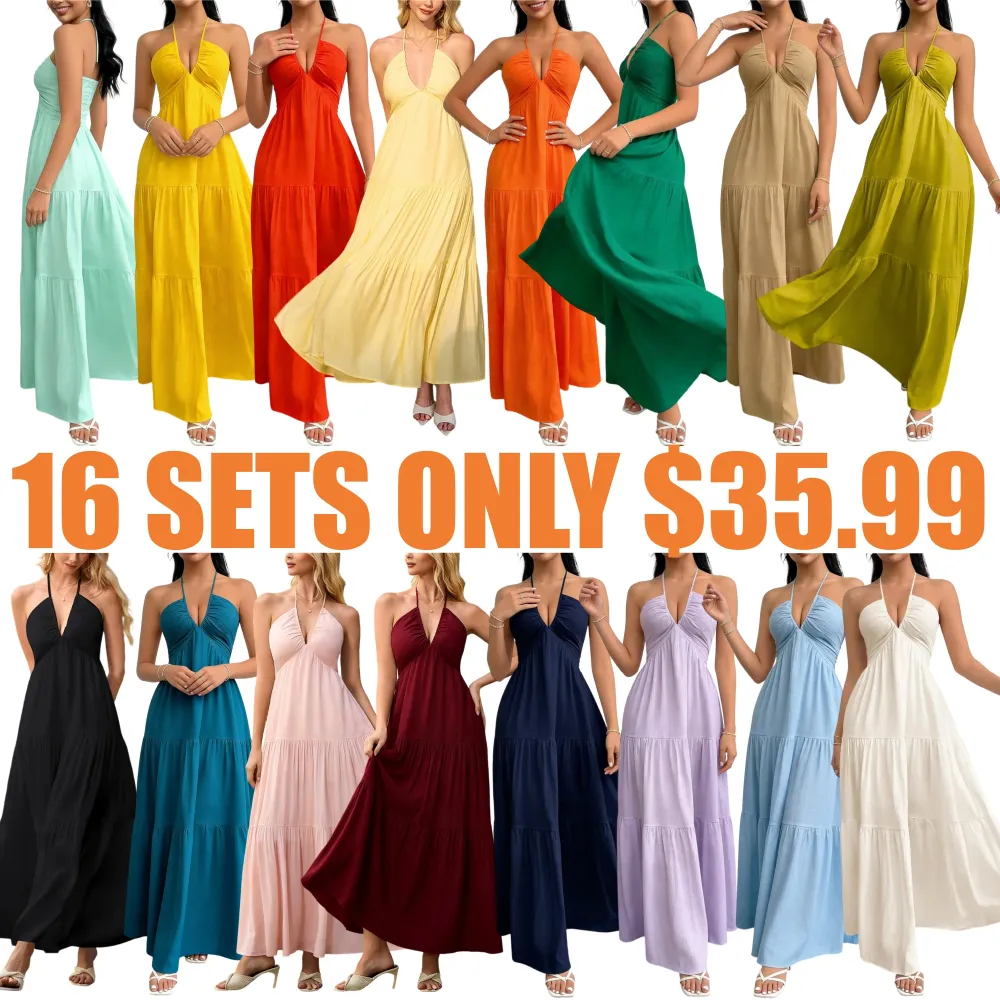 Women's Casual Fashion Solid Color Dresses V-Neck Sleeveless Dresses